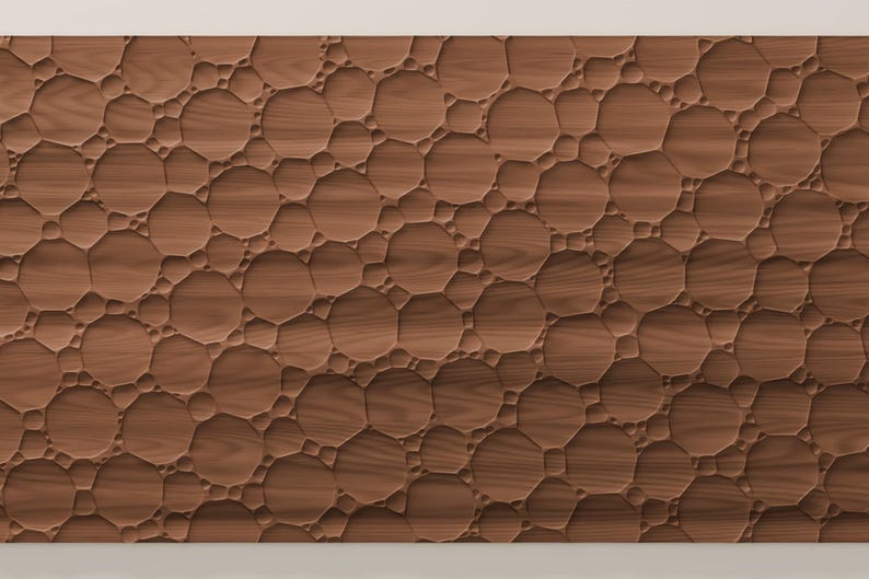 May include: A rectangular wooden panel featuring a carved, three-dimensional surface pattern of interconnected circular and polygonal shapes of varying sizes, creating a textured, relief-like appearance with a natural brown wood grain finish.