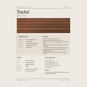 May include: A digital cut sheet for Truchet quarter arc maze texture featuring a brown wood panel with a repeating curved pattern. The document includes technical specifications, suggested setup, procedure steps, file details, and a list of included download files.