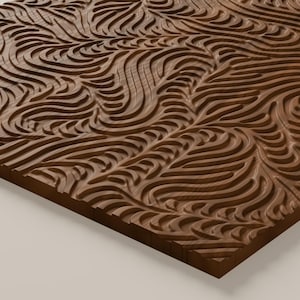 May include: A rectangular wooden panel featuring a deep, carved relief pattern of flowing, interconnected wavy lines. The dark brown wood grain is visible throughout the surface, highlighting the intricate, rhythmic texture of the carved grooves.