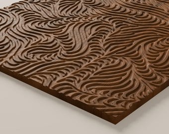 May include: A rectangular wooden panel featuring a deep, carved relief pattern of flowing, interconnected wavy lines. The dark brown wood grain is visible throughout the surface, highlighting the intricate, rhythmic texture of the carved grooves.