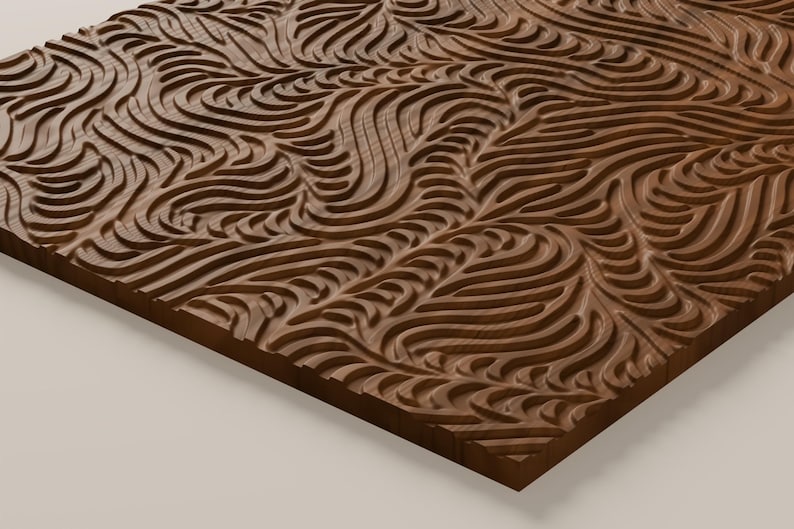 May include: A rectangular wooden panel featuring a deep, carved relief pattern of flowing, interconnected wavy lines. The dark brown wood grain is visible throughout the surface, highlighting the intricate, rhythmic texture of the carved grooves.