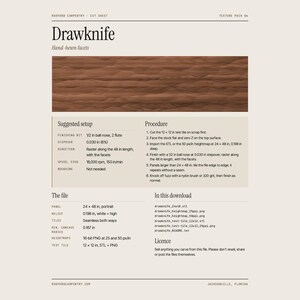 May include: A digital cut sheet titled Drawknife featuring a brown wood-grain texture sample. The document includes technical specifications, a six-step procedure, file details, and a list of included files for CNC woodworking projects.