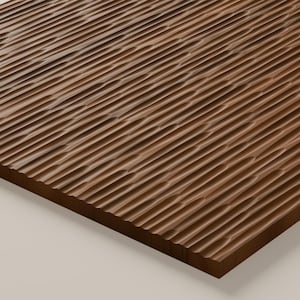 May include: A rectangular wooden panel featuring a dark brown finish and a textured surface composed of numerous parallel, vertical grooves that create a rhythmic, undulating pattern across the entire face of the material.