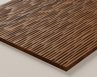 May include: A rectangular wooden panel featuring a dark brown finish and a textured surface composed of numerous parallel, vertical grooves that create a rhythmic, undulating pattern across the entire face of the material.