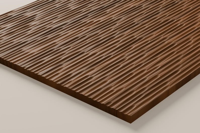 May include: A rectangular wooden panel featuring a dark brown finish and a textured surface composed of numerous parallel, vertical grooves that create a rhythmic, undulating pattern across the entire face of the material.
