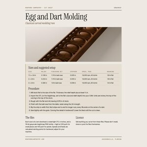 May include: A digital cut sheet for Egg and Dart Moulding featuring a brown wooden carved moulding strip, a table of sizes and suggested setup in inches, and a six-step procedure for CNC machining, including file and licence information.