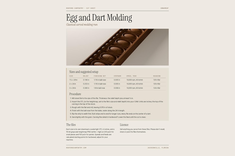 May include: A digital cut sheet for Egg and Dart Moulding featuring a brown wooden carved moulding strip, a table of sizes and suggested setup in inches, and a six-step procedure for CNC machining, including file and licence information.