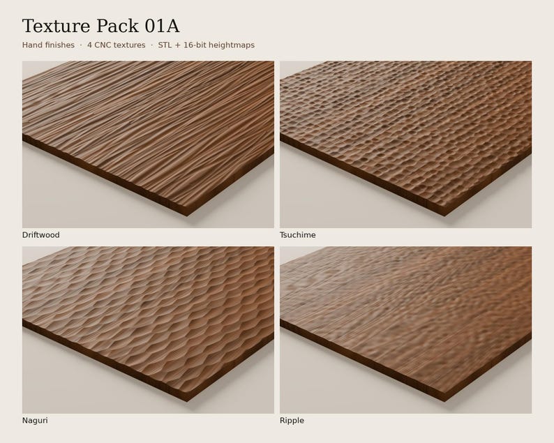 K&ouml;nnte beinhalten: Eine digitale Anzeige mit dem Titel Texture Pack 01A zeigt vier braune quadratische Paneele mit verschiedenen Oberfl&auml;chenmustern, beschriftet als Driftwood, Tsuchime, Naguri und Ripple. Der Text umfasst Hand finishes, 4 CNC textures, STL + 16-bit heightmaps.