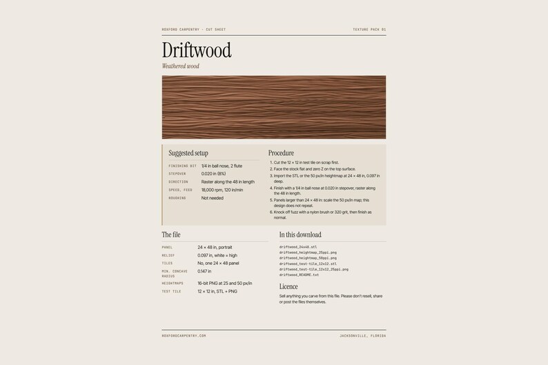May include: A digital cut sheet for Driftwood weathered wood texture featuring a brown wood grain pattern, suggested setup parameters, procedural instructions, file specifications, and a list of included download files in a clean layout.