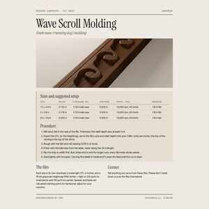 May include: A digital cut sheet for Wave Scroll Molding featuring a brown wooden trim with a repeating wave pattern. The document includes technical specifications, sizes in inches, and machining procedures for CNC woodworking projects.