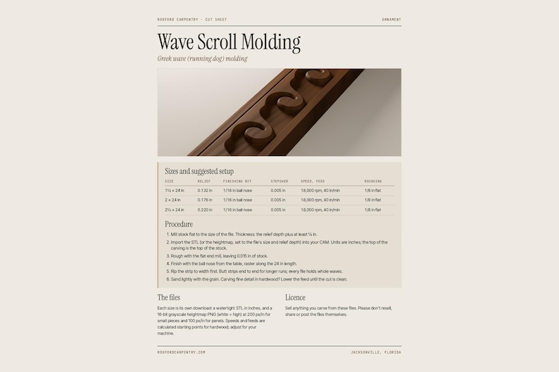 May include: A digital cut sheet for Wave Scroll Molding featuring a brown wooden trim with a repeating wave pattern. The document includes technical specifications, sizes in inches, and machining procedures for CNC woodworking projects.