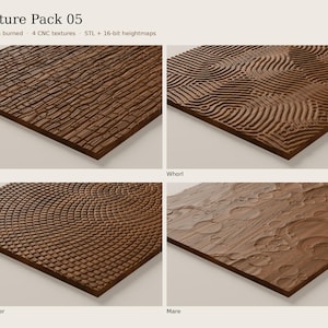 May include: Texture Pack 05 featuring four brown wood panels with distinct CNC textures: Yakisugi with charred linear patterns, Whorl with wavy lines, Sunflower with a radial grid, and Mare with circular indentations. Includes STL and 16-bit heightmaps.