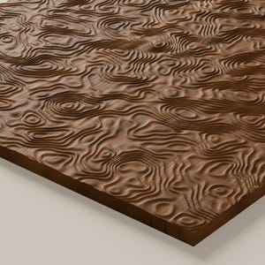 May include: A rectangular wooden panel featuring a carved, three-dimensional topographic map pattern. The surface displays intricate, flowing concentric lines and ridges that mimic natural terrain elevations in a rich, dark brown wood grain.