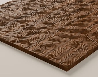 May include: A rectangular wooden panel featuring a carved, three-dimensional topographic map pattern. The surface displays intricate, flowing concentric lines and ridges that mimic natural terrain elevations in a rich, dark brown wood grain.