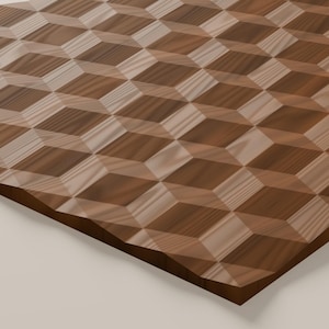 May include: A rectangular wooden board featuring a three-dimensional geometric pattern of interlocking cubes. The surface displays varying shades of brown wood grain, creating an optical illusion of depth across the entire flat panel.