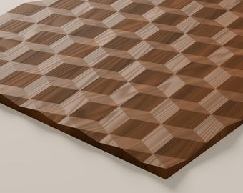 May include: A rectangular wooden board featuring a three-dimensional geometric pattern of interlocking cubes. The surface displays varying shades of brown wood grain, creating an optical illusion of depth across the entire flat panel.