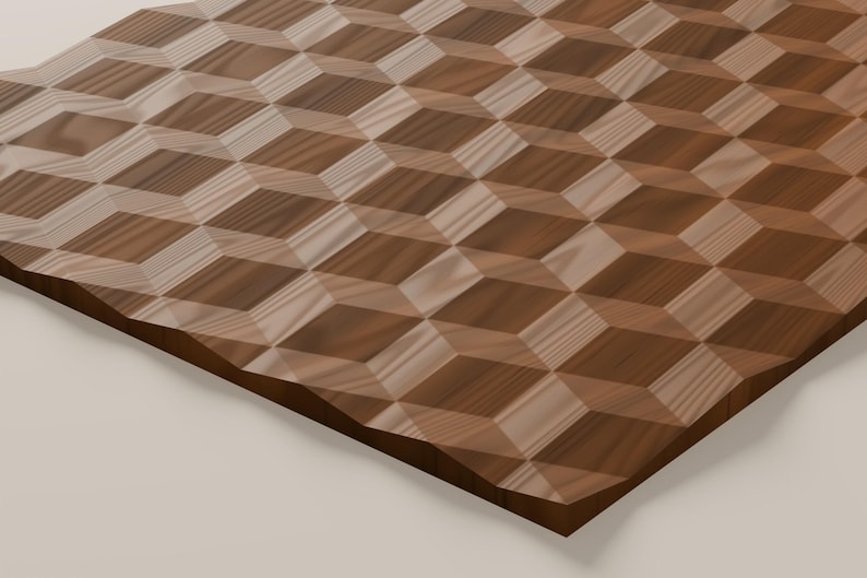 Puede incluir: Una tabla de madera rectangular con un patr&oacute;n geom&eacute;trico tridimensional de cubos entrelazados. La superficie muestra varios tonos de veta de madera marr&oacute;n, creando una ilusi&oacute;n &oacute;ptica de profundidad en todo el panel plano.