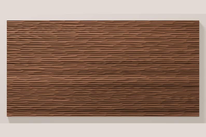 May include: A rectangular wooden panel featuring a horizontal, textured surface with carved, undulating lines. The wood displays a rich, medium-brown tone with natural grain variations, creating a rhythmic, layered pattern across the entire piece.