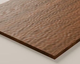 May include: A rectangular wooden board featuring a rich brown color and a prominent, wavy grain pattern. The surface displays a textured, rippled appearance with visible wood fibers running diagonally across the flat, solid panel.