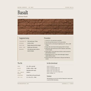 May include: A digital product sheet titled Basalt featuring a brown, hexagonal, columnar texture pattern. The document includes technical specifications, a machining procedure, file details, and a list of included download assets.