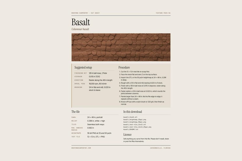 May include: A digital product sheet titled Basalt featuring a brown, hexagonal, columnar texture pattern. The document includes technical specifications, a machining procedure, file details, and a list of included download assets.
