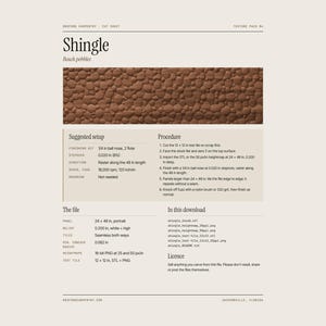 May include: A digital cut sheet for a Shingle Beach pebbles texture pack. The document includes a brown pebble texture sample, suggested CNC setup parameters, a six-step procedure, file specifications, and a list of included download files.