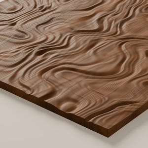 May include: A rectangular wooden panel featuring a carved, three-dimensional surface with flowing, wave-like patterns. The natural brown wood grain is visible across the undulating ridges and valleys that create a textured, relief effect.