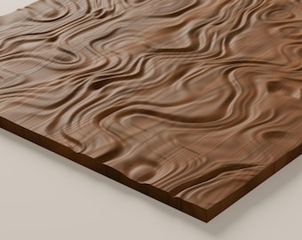 May include: A rectangular wooden panel featuring a carved, three-dimensional surface with flowing, wave-like patterns. The natural brown wood grain is visible across the undulating ridges and valleys that create a textured, relief effect.