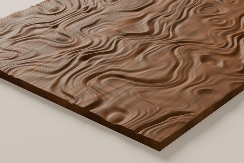 May include: A rectangular wooden panel featuring a carved, three-dimensional surface with flowing, wave-like patterns. The natural brown wood grain is visible across the undulating ridges and valleys that create a textured, relief effect.