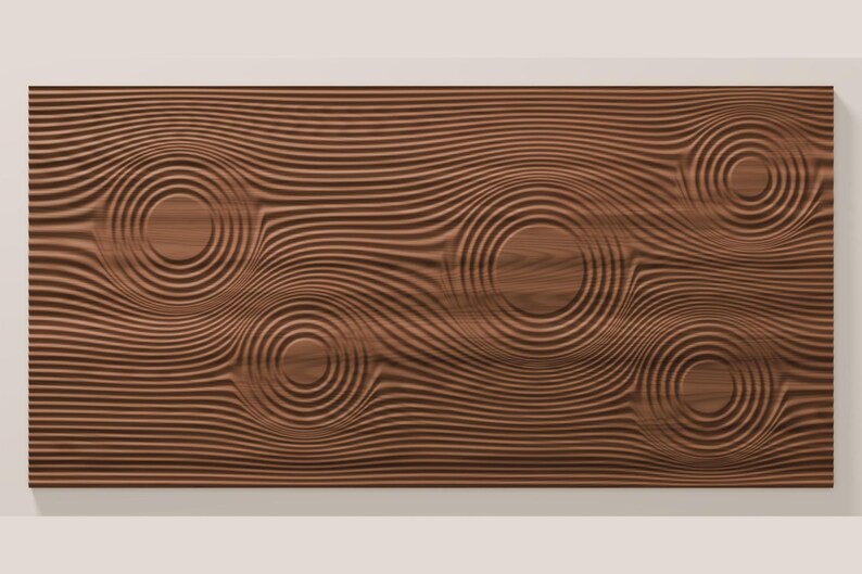 May include: A rectangular wooden wall panel featuring a dark brown finish and a carved surface texture. The design consists of horizontal lines that ripple outward into five distinct circular patterns, mimicking the effect of water drops.