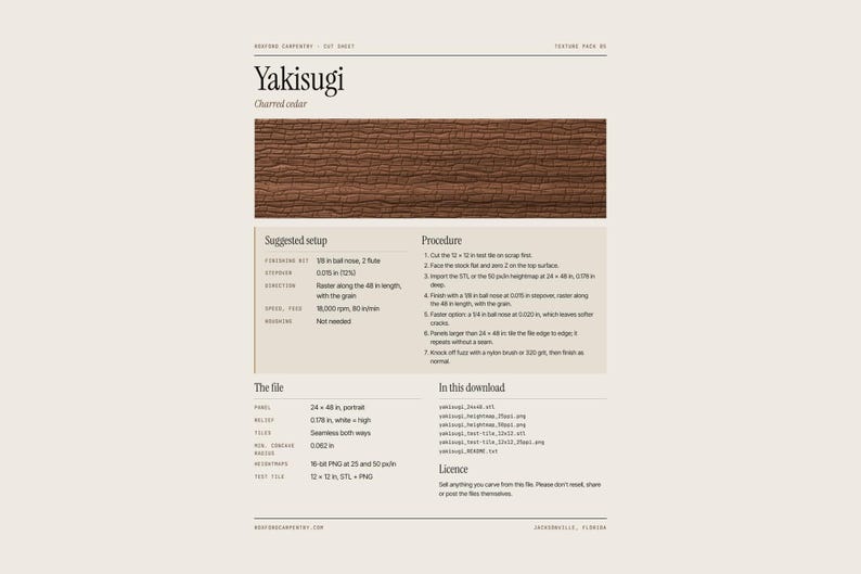 May include: A digital product information sheet for Yakisugi charred cedar texture, featuring a brown wood grain sample image, technical setup instructions, procedure steps, file specifications, and download contents in a clean, structured layout.