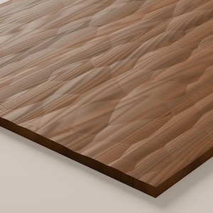 May include: A rectangular wooden panel featuring a carved, repeating geometric pattern of elongated, diamond-shaped indentations across its surface. The wood displays a natural brown grain with visible horizontal lines and smooth textures.