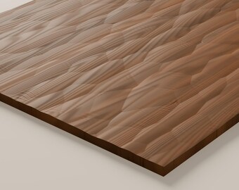 May include: A rectangular wooden panel featuring a carved, repeating geometric pattern of elongated, diamond-shaped indentations across its surface. The wood displays a natural brown grain with visible horizontal lines and smooth textures.