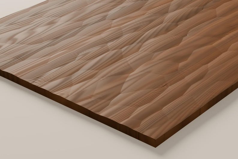 May include: A rectangular wooden panel featuring a carved, repeating geometric pattern of elongated, diamond-shaped indentations across its surface. The wood displays a natural brown grain with visible horizontal lines and smooth textures.