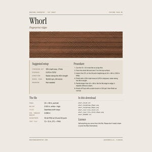 May include: A digital product specification sheet titled Whorl Fingerprint ridges. It features a brown rectangular graphic with a repeating topographic line pattern. The document includes technical details, suggested setup, procedure, file information, and license text.