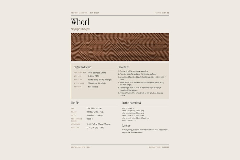 May include: A digital product specification sheet titled Whorl Fingerprint ridges. It features a brown rectangular graphic with a repeating topographic line pattern. The document includes technical details, suggested setup, procedure, file information, and license text.