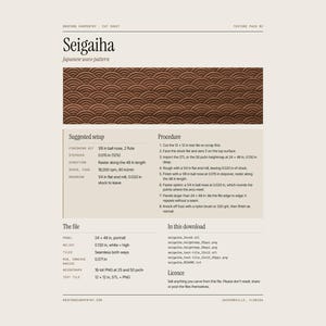 May include: A technical specification sheet for a Seigaiha Japanese wave pattern texture pack. The document includes a brown sample image of the pattern, suggested CNC setup parameters, machining procedures, file details, and a list of included digital assets.