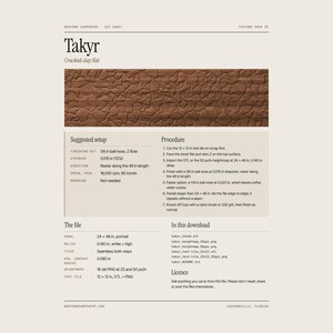 May include: A digital product information sheet titled Takyr featuring a brown cracked clay flat texture sample. The document includes sections for suggested setup, procedure, file specifications, and download contents in inches.