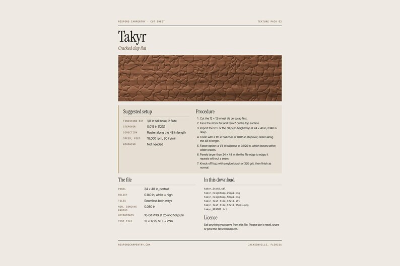 May include: A digital product information sheet titled Takyr featuring a brown cracked clay flat texture sample. The document includes sections for suggested setup, procedure, file specifications, and download contents in inches.