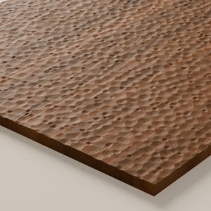 May include: A rectangular wooden board featuring a dark brown finish and a textured surface covered in numerous small, uniform, circular indentations carved into the wood grain across the entire top face of the panel.
