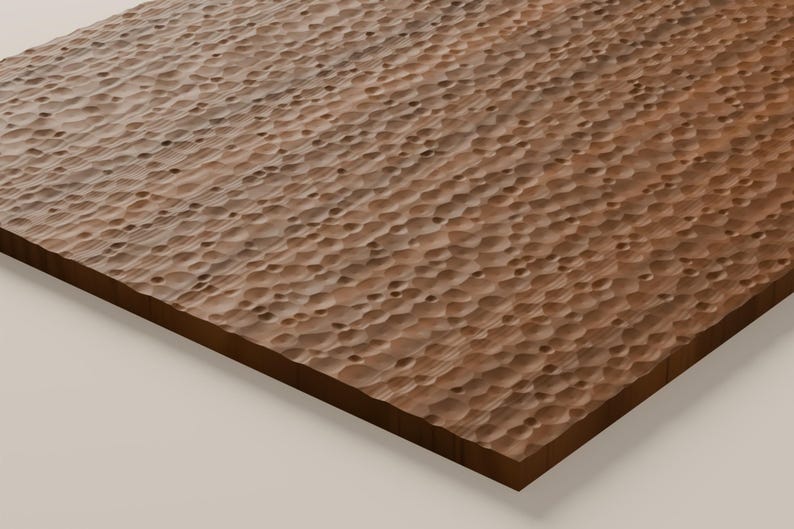 May include: A rectangular wooden board featuring a dark brown finish and a textured surface covered in numerous small, uniform, circular indentations carved into the wood grain across the entire top face of the panel.