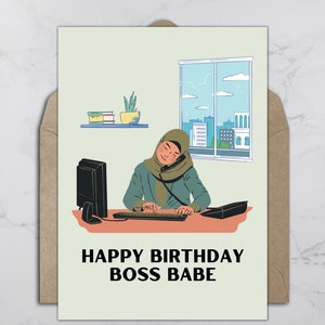 Cartão de feliz aniversário muçulmano Hijabi, aniversário árabe fofo, cartão de chefe de escritório corporativo, menina muçulmana | Os rendimentos beneficiam órfãos