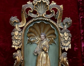Antique Spanish Carved Wood Santos In a Niche