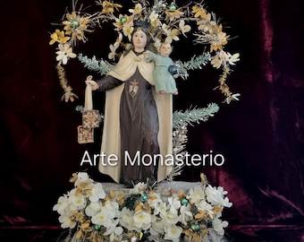 Antique Wooden Spanish Tableau featuring the Image of Our Lady of Mt Carmel