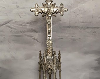 Vintage Gothic Style Tabletop Crucifix with Tabernacle Base