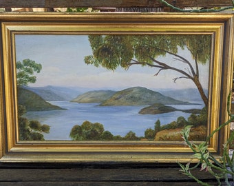 Vintage oil landscape painting / vintage Australian lake bush forest landscape Tuross NSW