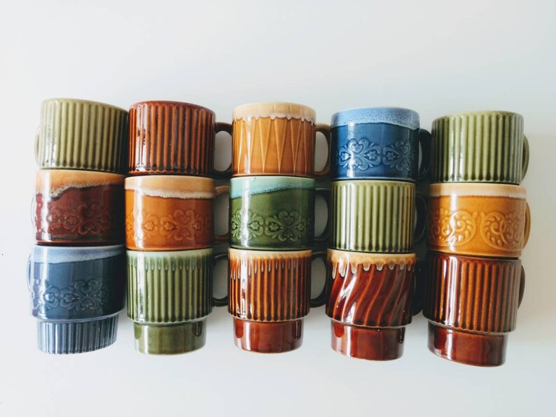 Vintage Japanese stackable mugs Asian drip glaze stacking cups image 0
