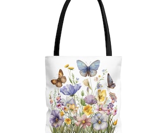 Floral Butterfly Tote Bag, Eco-Friendly Shopping Bag, Boho Chic Handbag, Spring Fashion Accessory, Perfect Gift for Nature Lovers