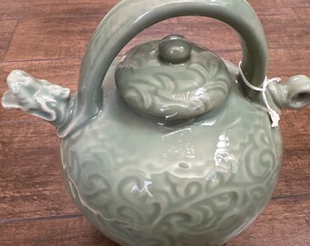 Vintage Celadon Green Glaze Footed Water Pitcher teaPot Abstract Oriental Dragon Swirl with golden legs 10” tall