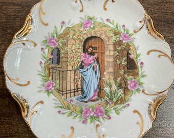 Vintage deco plate “Jesus knocking at your door” decoration plate 18 karat gold rim